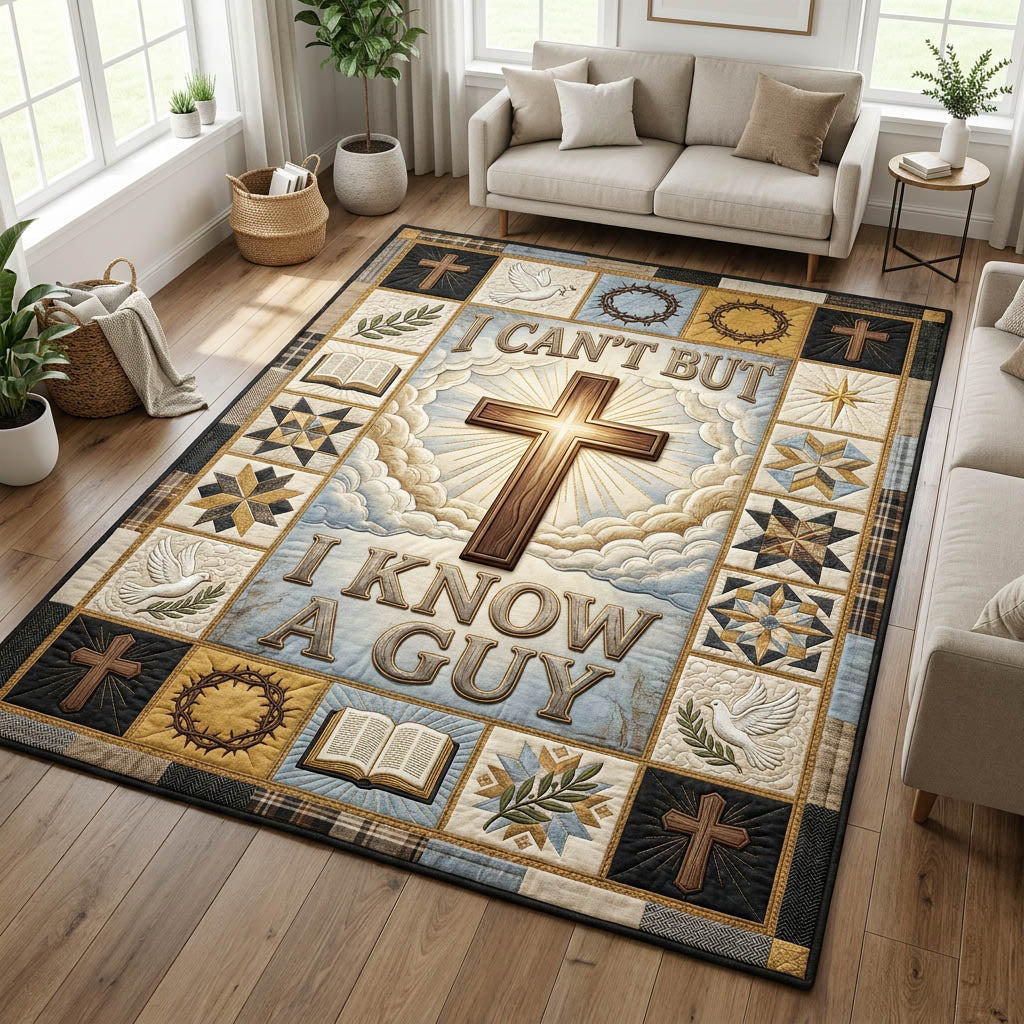 I Can't But I Know A Guy area rug in a living room