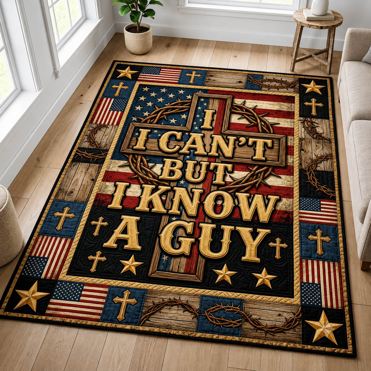 I Can't But I Know A Guy area rug in a living room