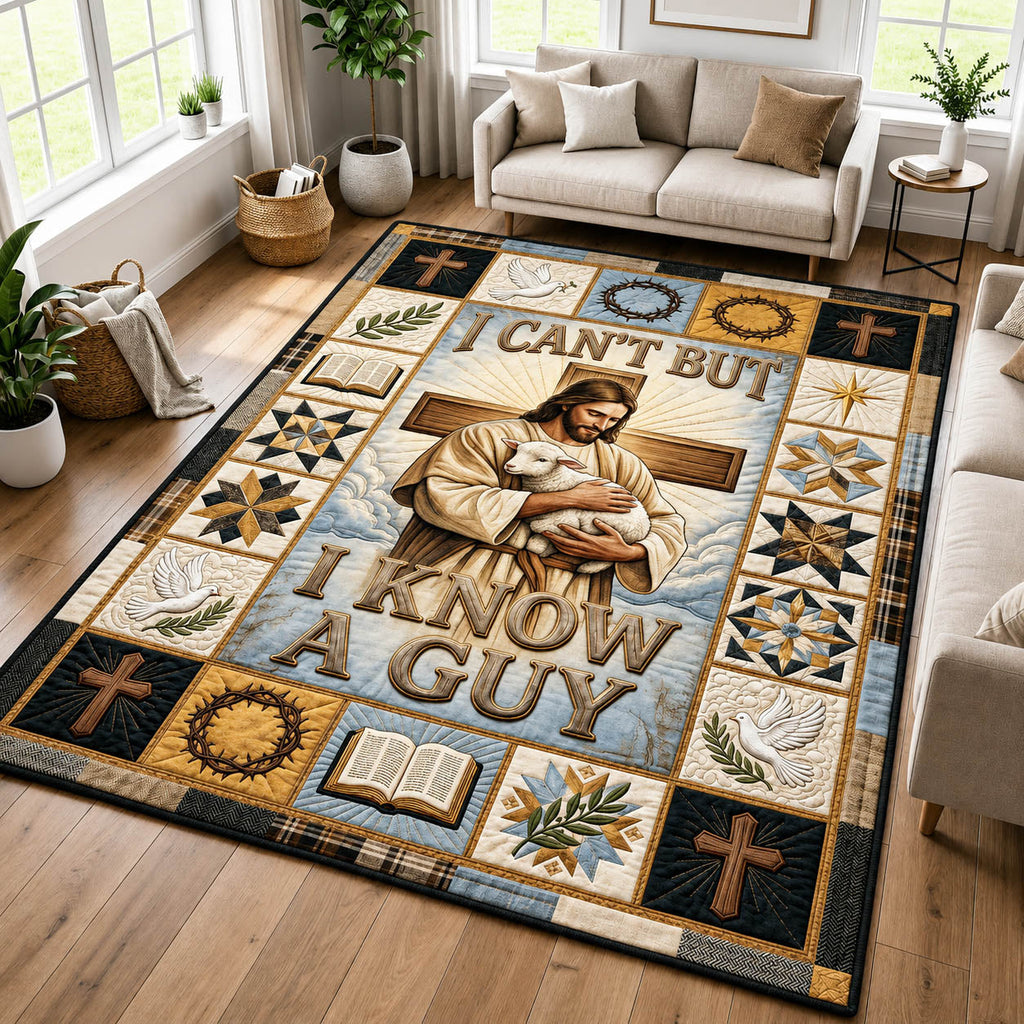 I Can't But I Know A Guy area rug in a living room