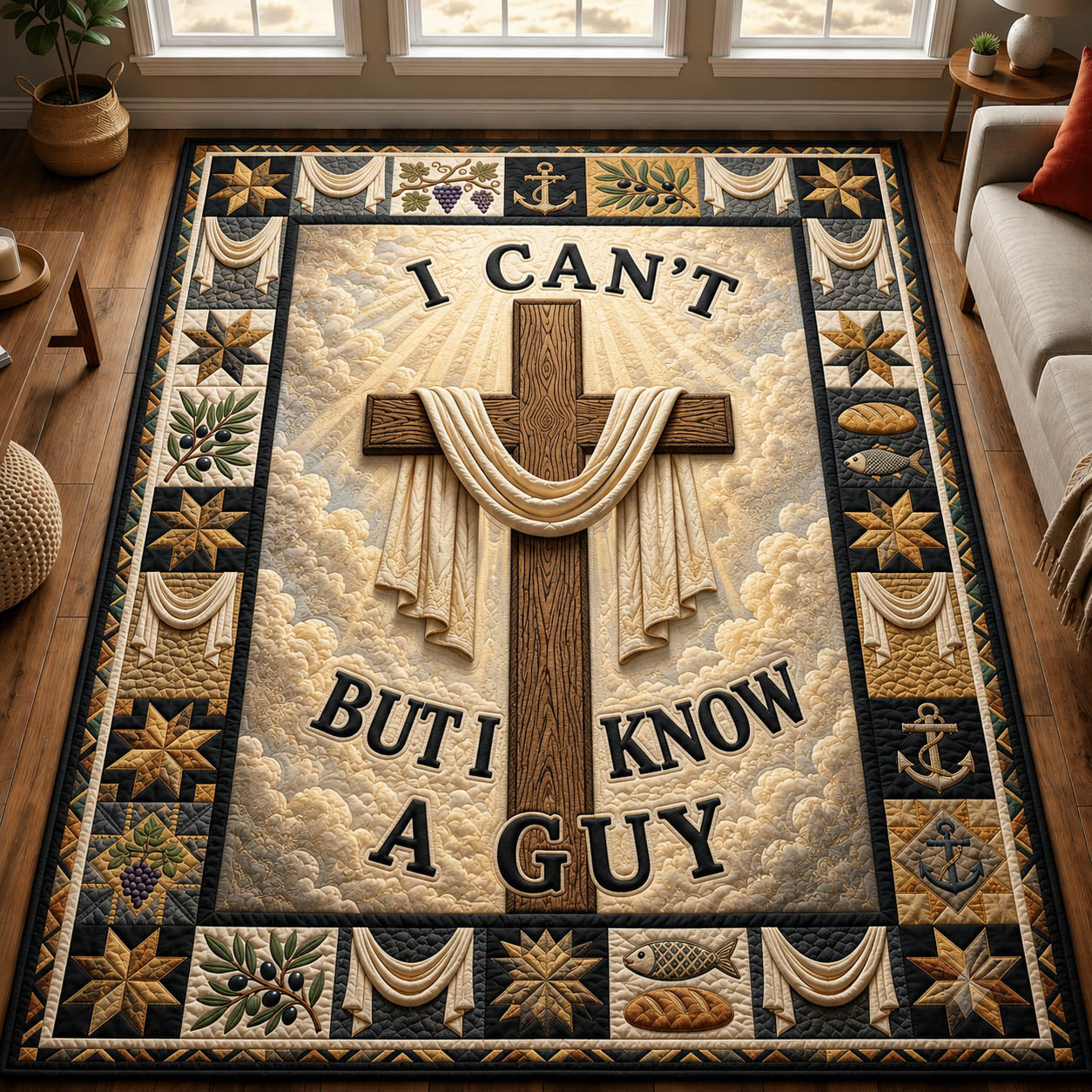 I Can't But I Know A Guy area rug in a living room