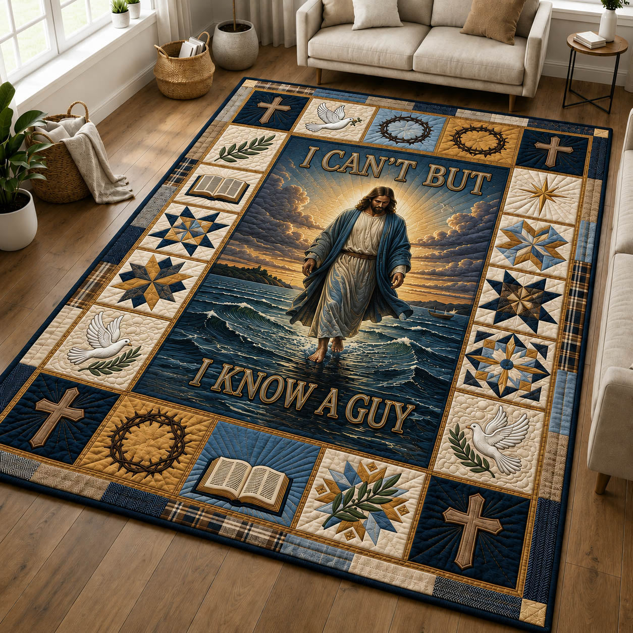 I Can't But I Know A Guy area rug in a living room