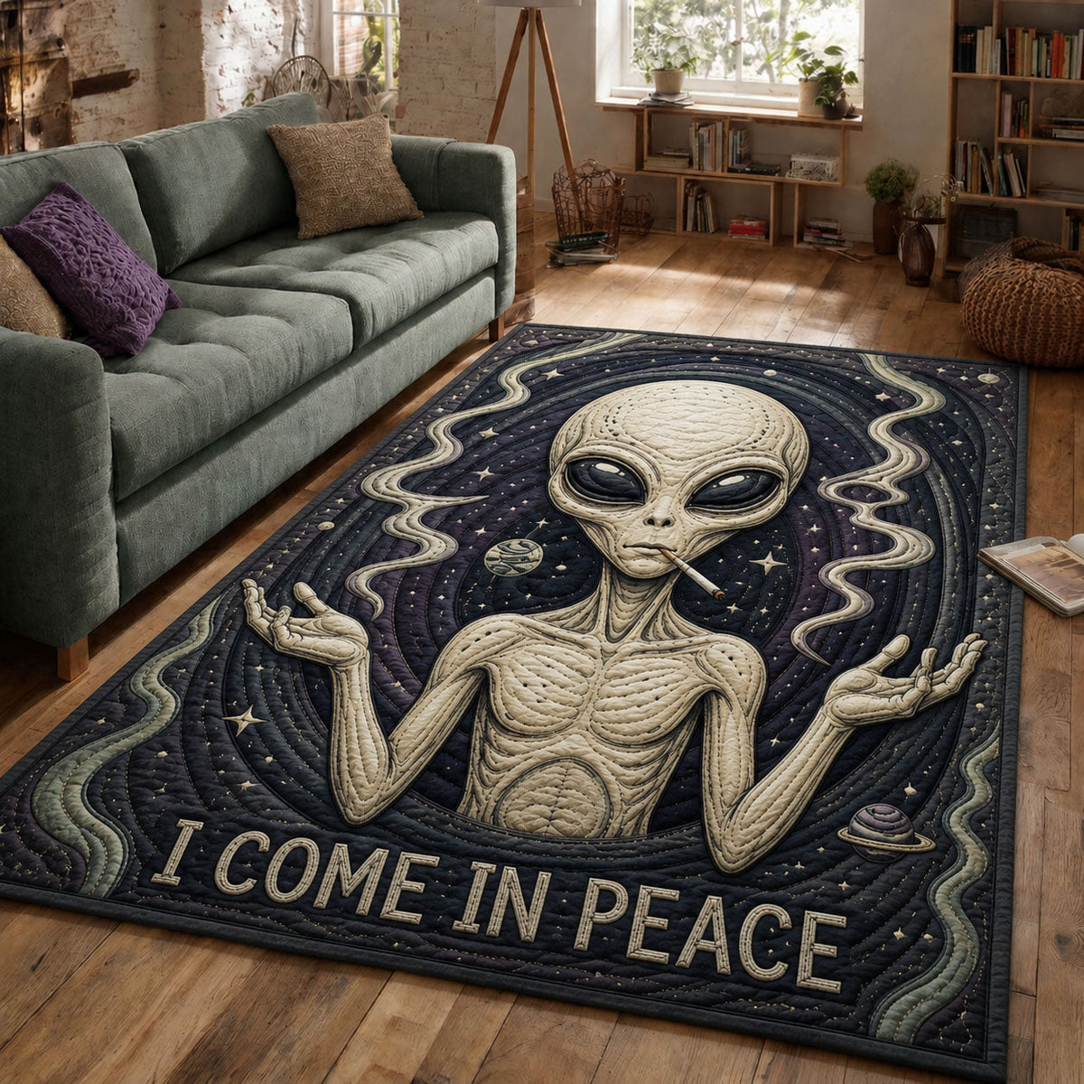 I Come In Peace area rug in a living room