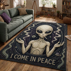 I Come In Peace area rug in a living room