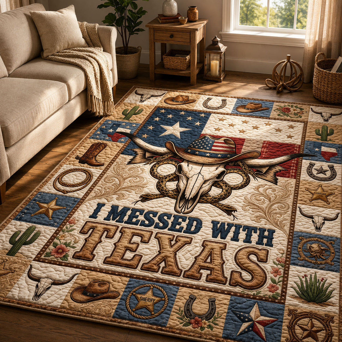 I Messed With Texas area rug in a living room