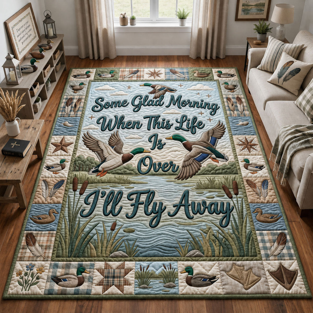 I’ll Fly Away area rug in a living room