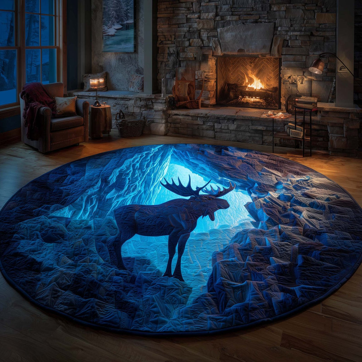 Ice Cave Moose Round Mat Rug - washable non-slip printed rug