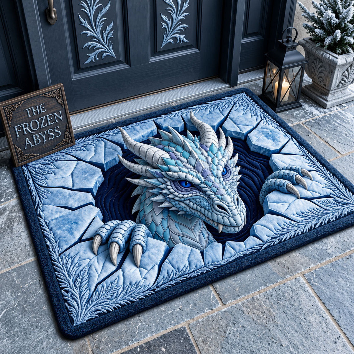 Ice Dragon Doormat - Cute Animal Design | Printed Welcome Doormat - washable non-slip printed rug
