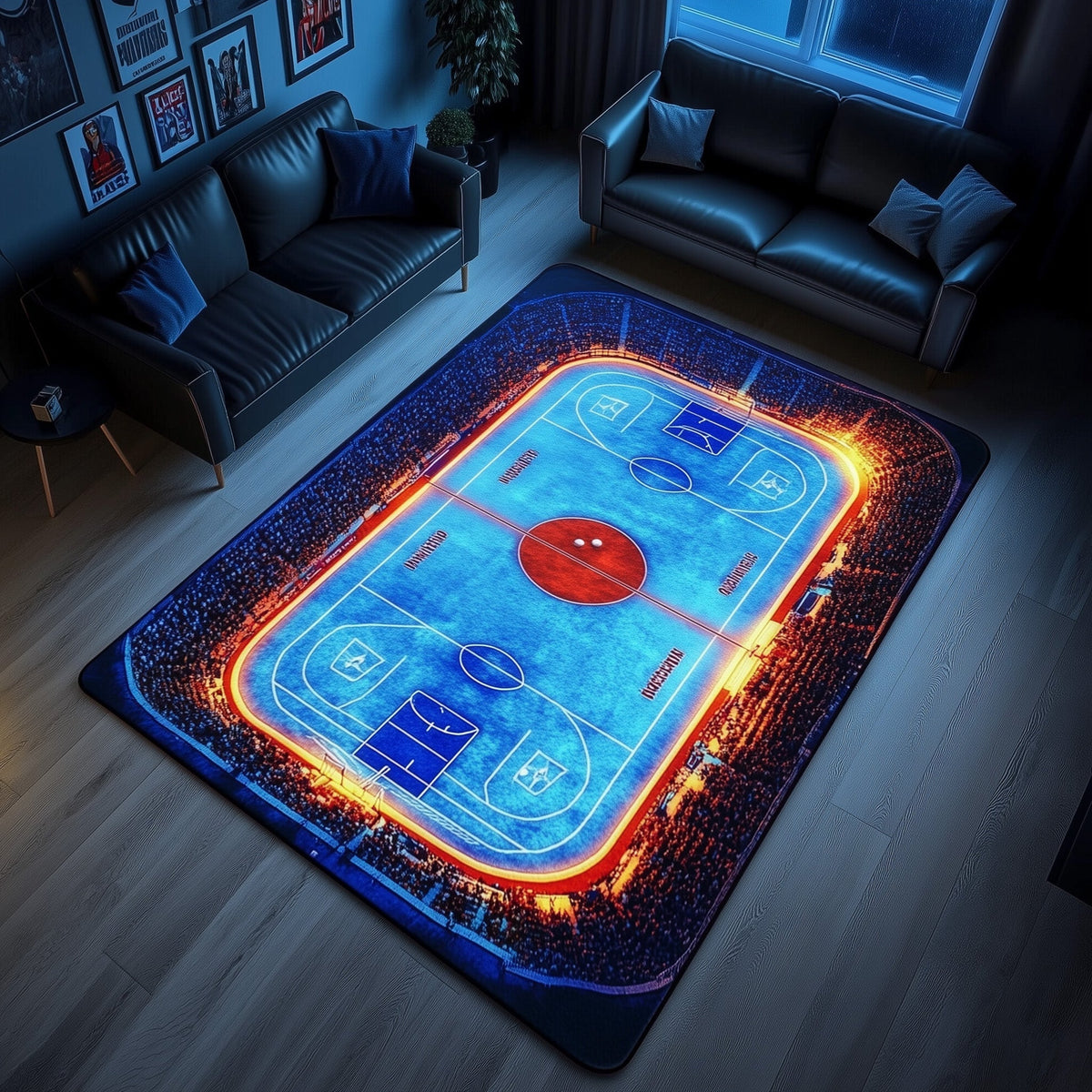 Ice Hockey Rink area rug in a living room