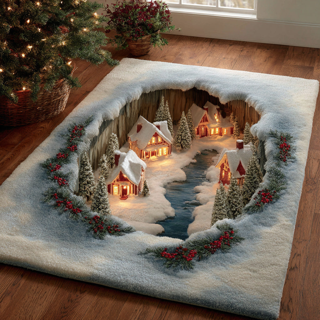 Icy Christmas Village area rug in a living room