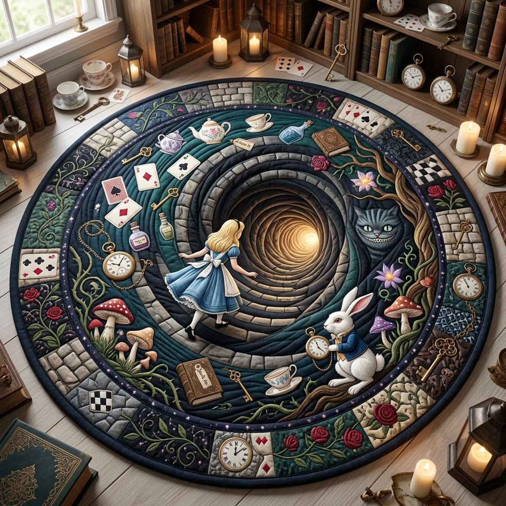 In Wonderland Round Mat Rug - washable non-slip printed rug