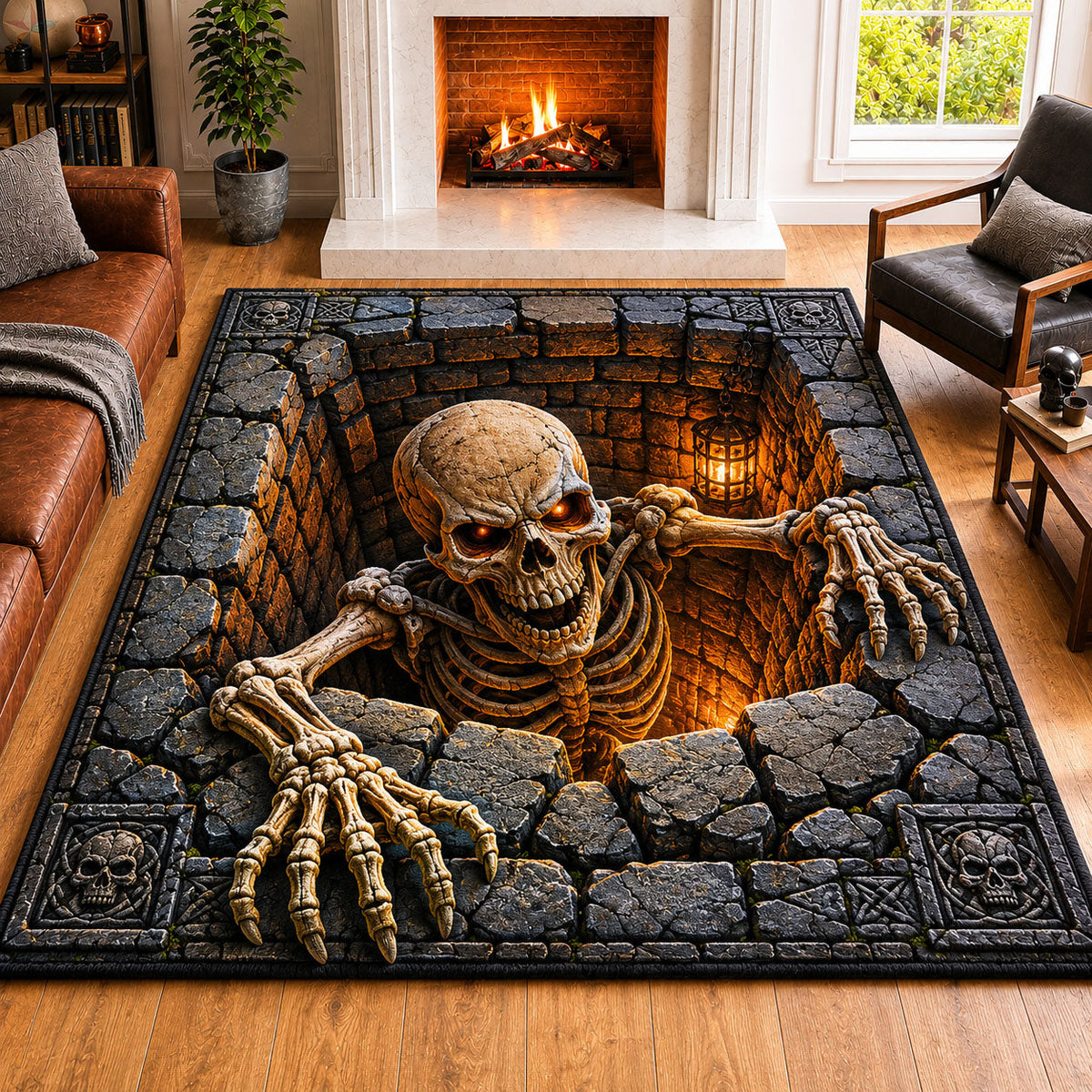 Infernal Stone Crypt area rug in a living room