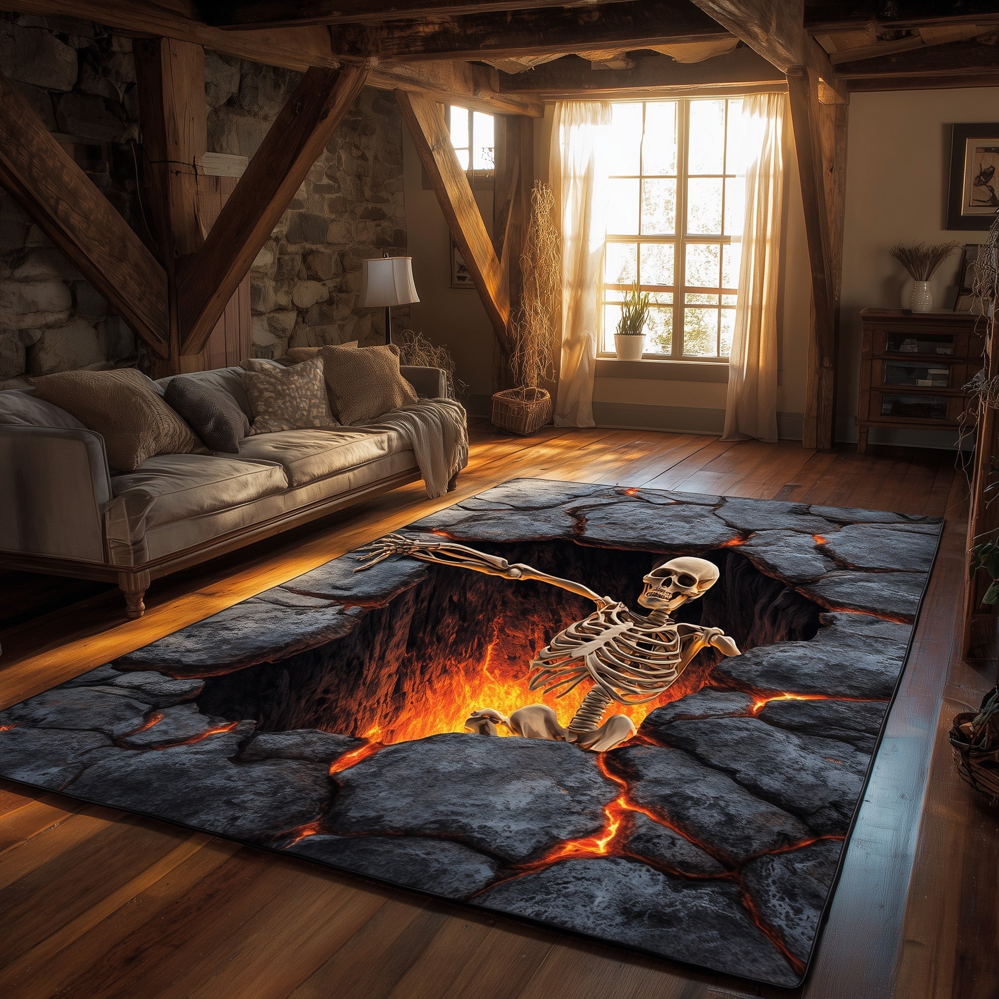 Inferno Escape area rug in a living room