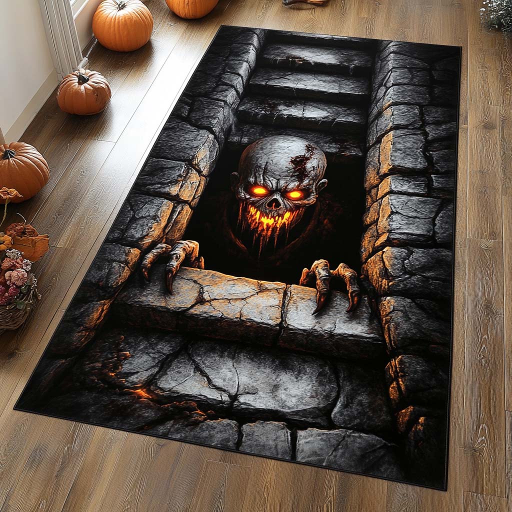 Inferno Fiend area rug in a living room