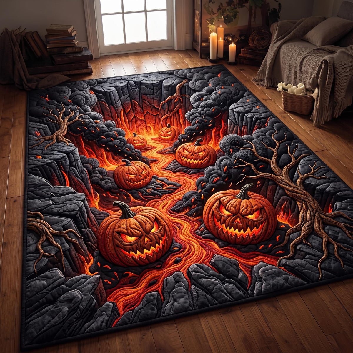 Inferno Pumpkin area rug in a living room