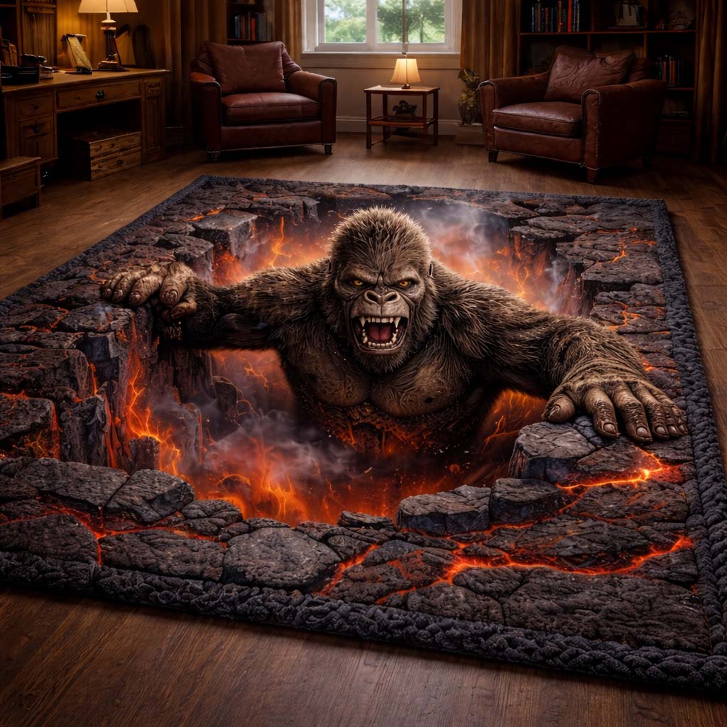 Inferno Rise Bigfoot area rug in a living room