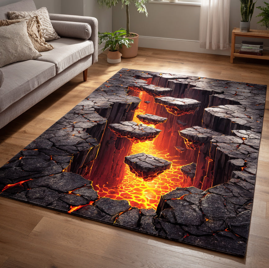 Inferno Steps area rug in a living room