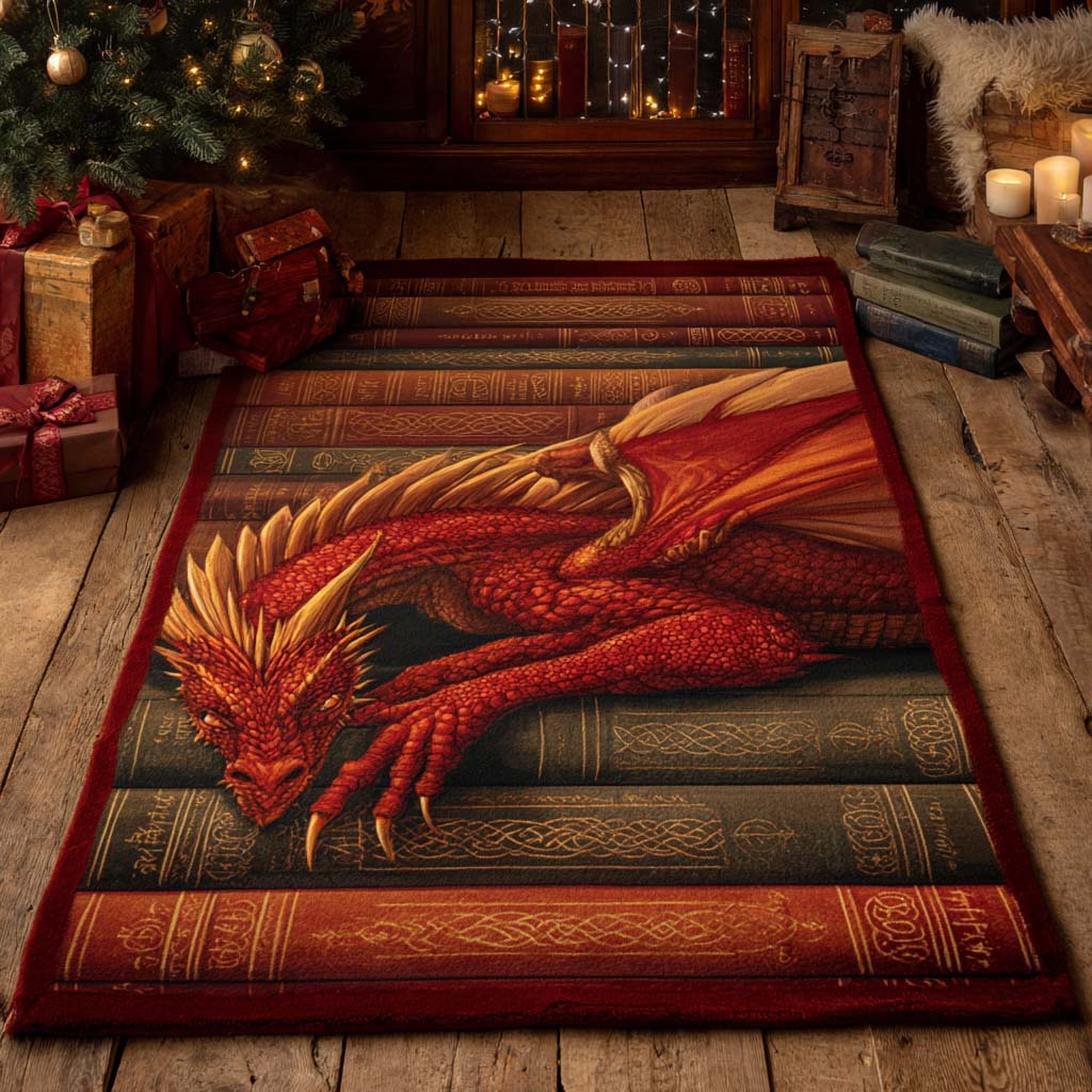 Inferno Tome Dragon area rug in a living room