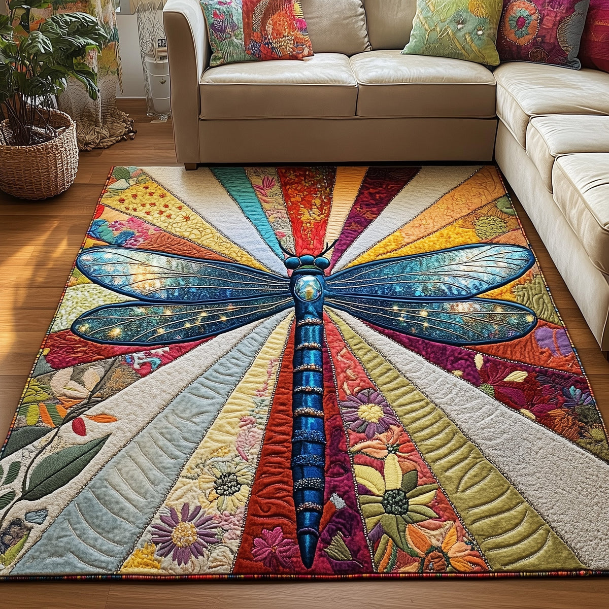 Iridescent Flight area rug in a living room