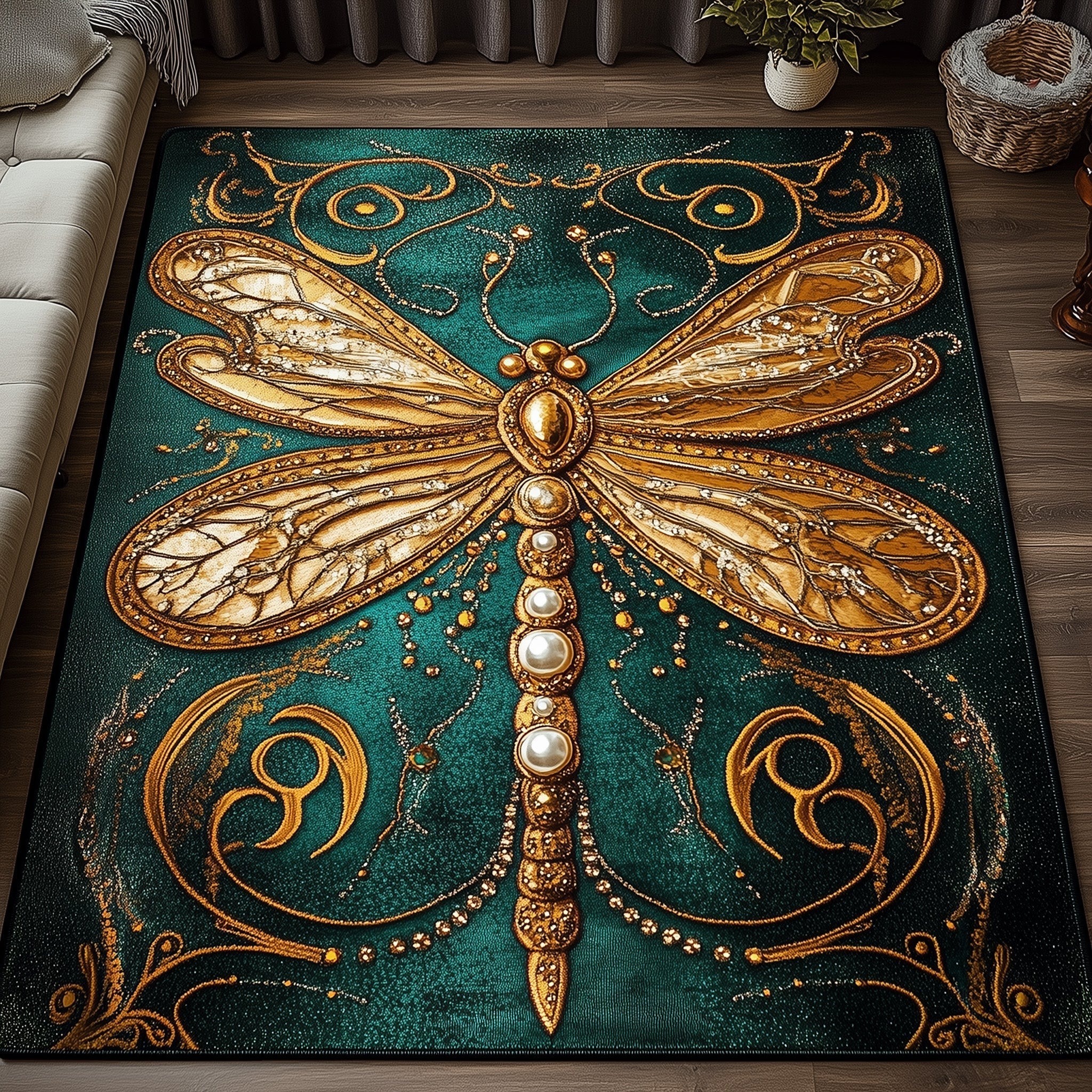 Iridescent Flight area rug in a living room