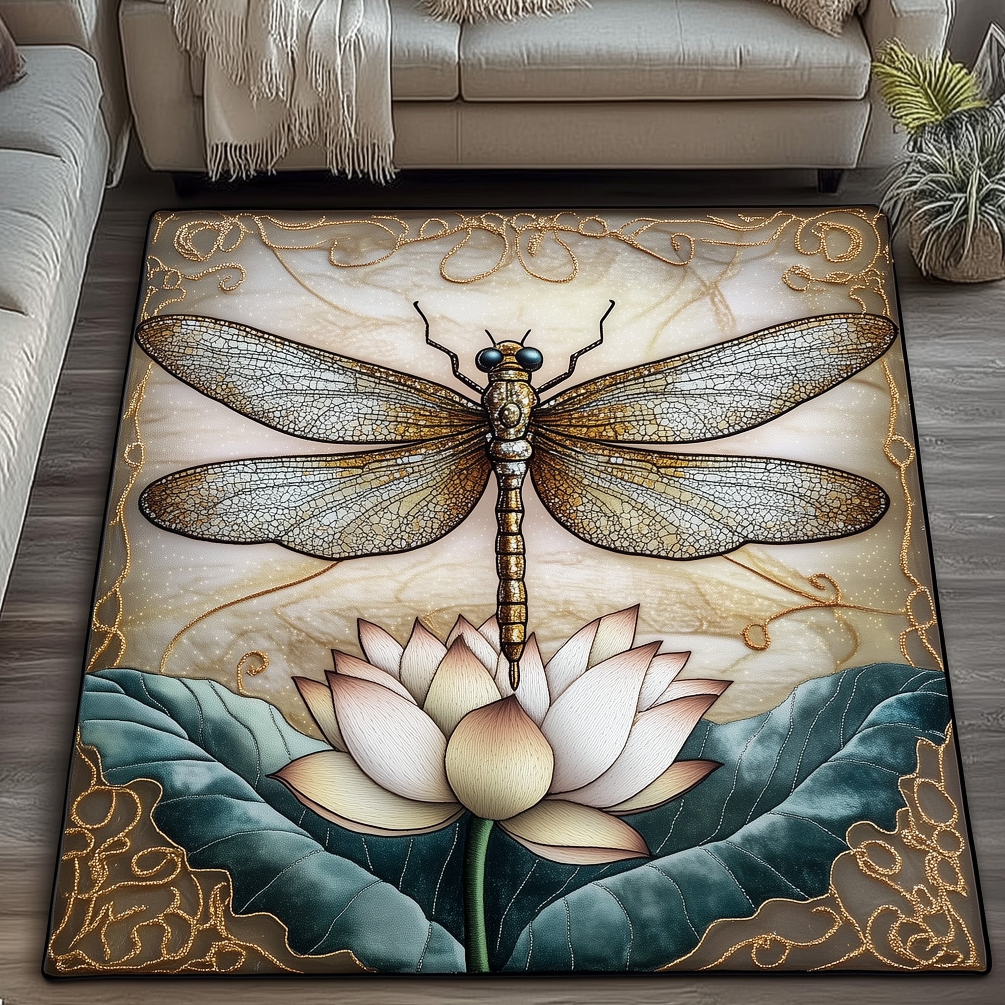 Iridescent Flight area rug in a living room