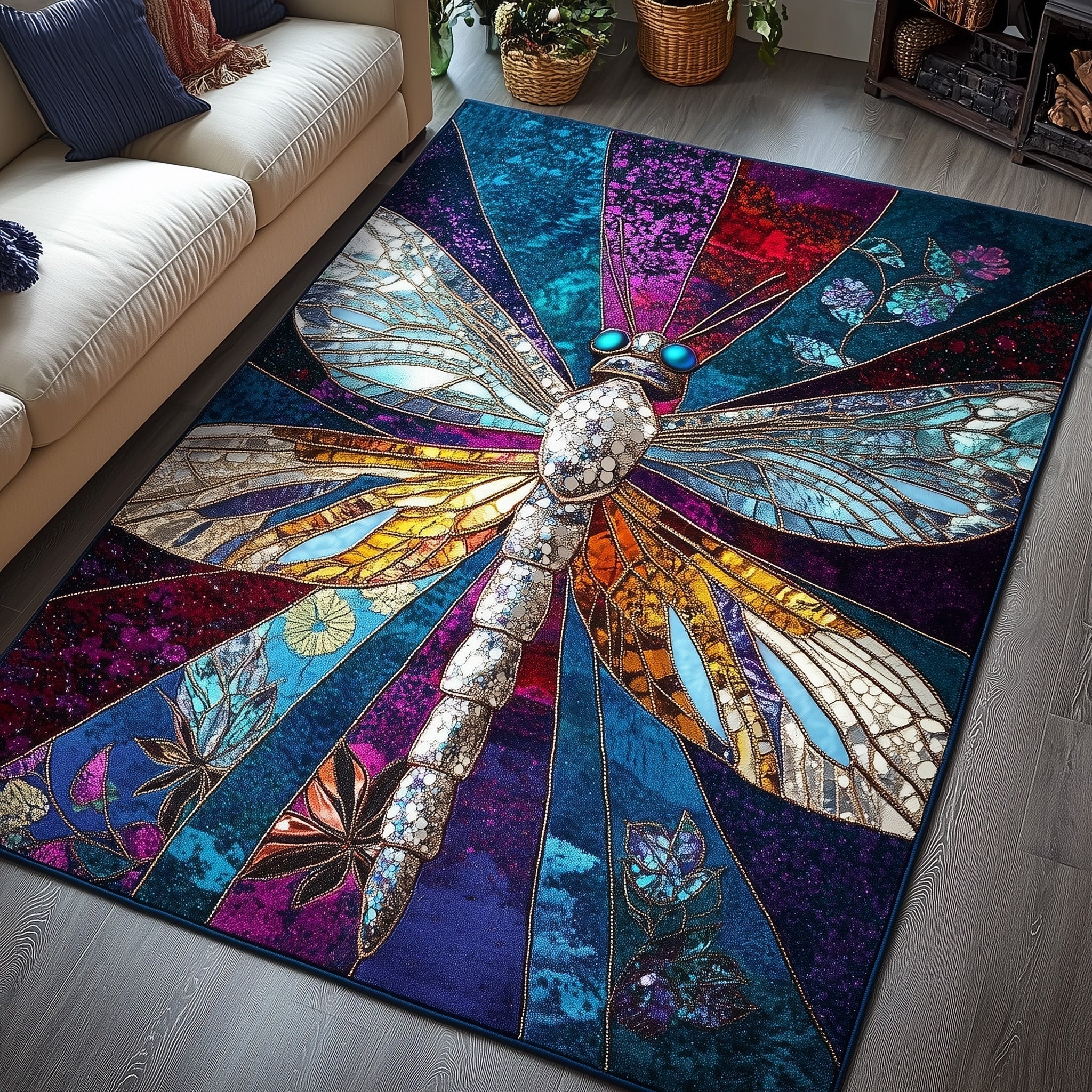 Iridescent Flight area rug in a living room