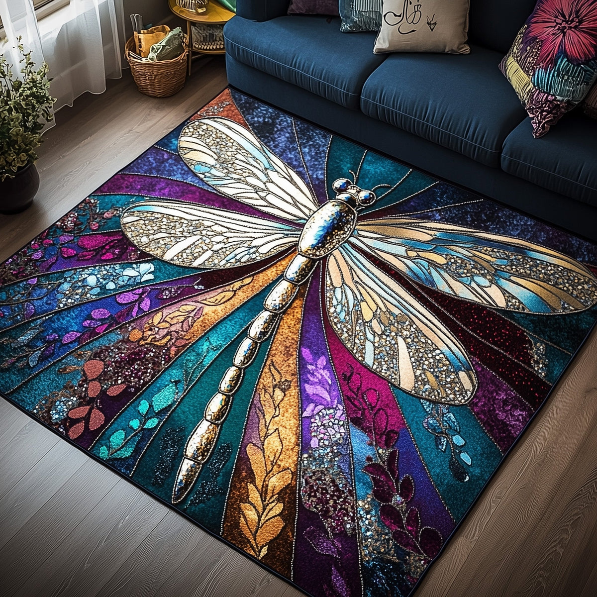 Iridescent Flight area rug in a living room