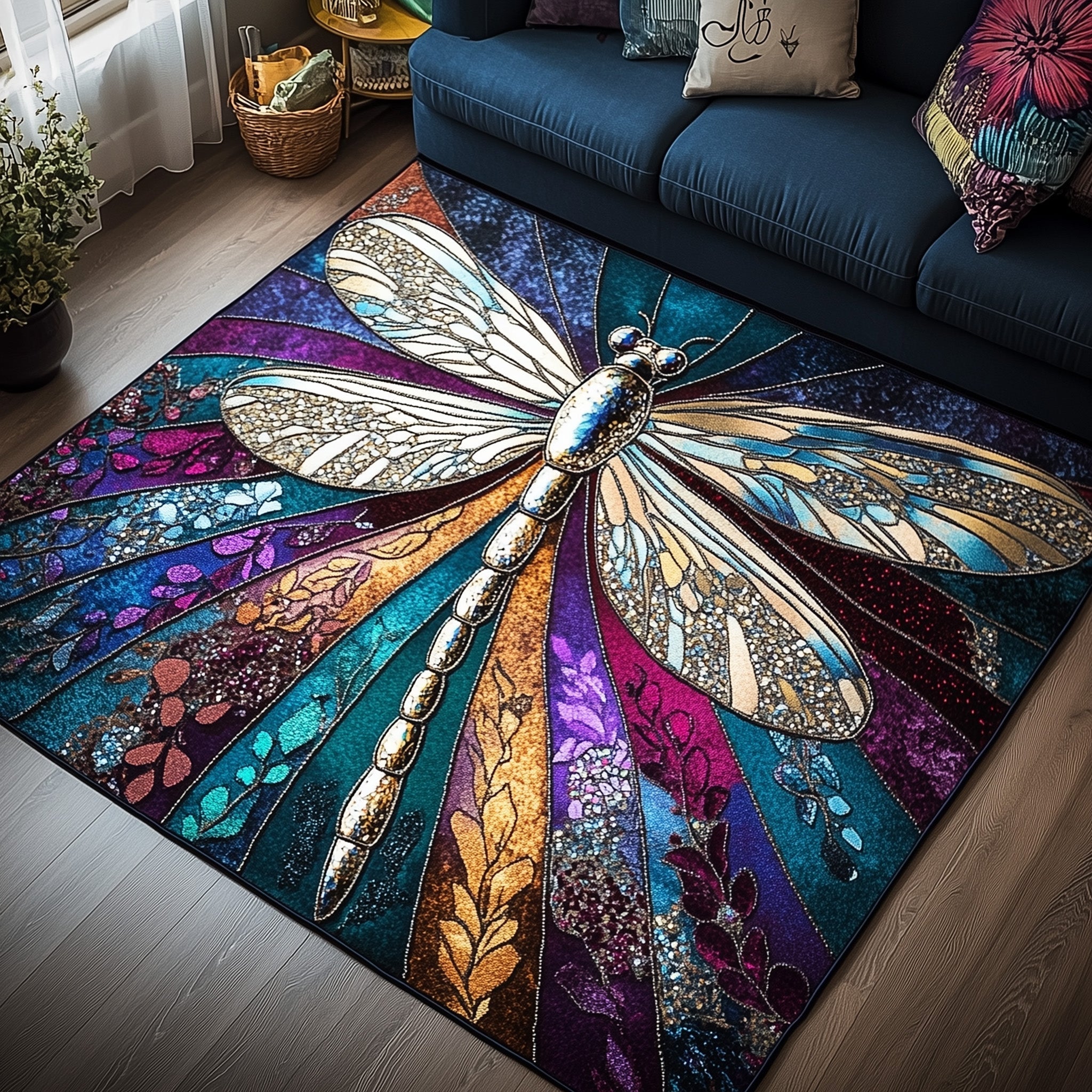Iridescent Flight area rug in a living room