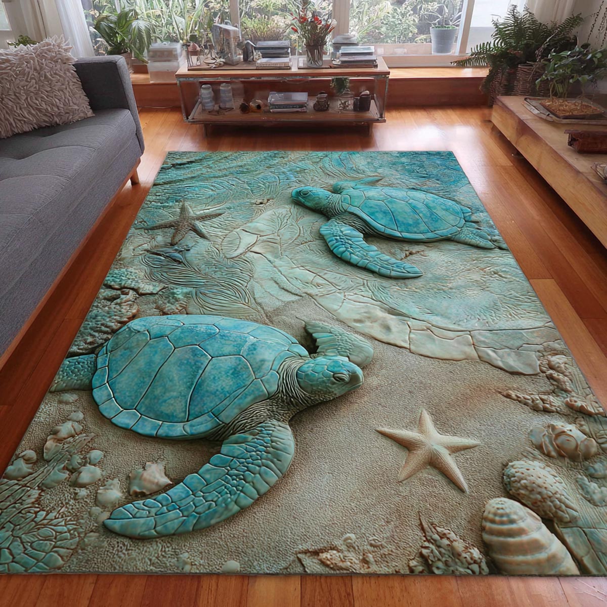 Island Turtle area rug in a living room