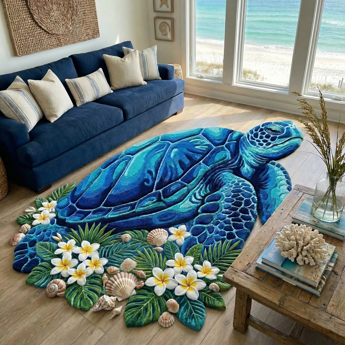 Island Turtle Custom Shape Area Rug - Cute Animal Design | Die-Cut Non-Slip Rug - washable non-slip printed rug