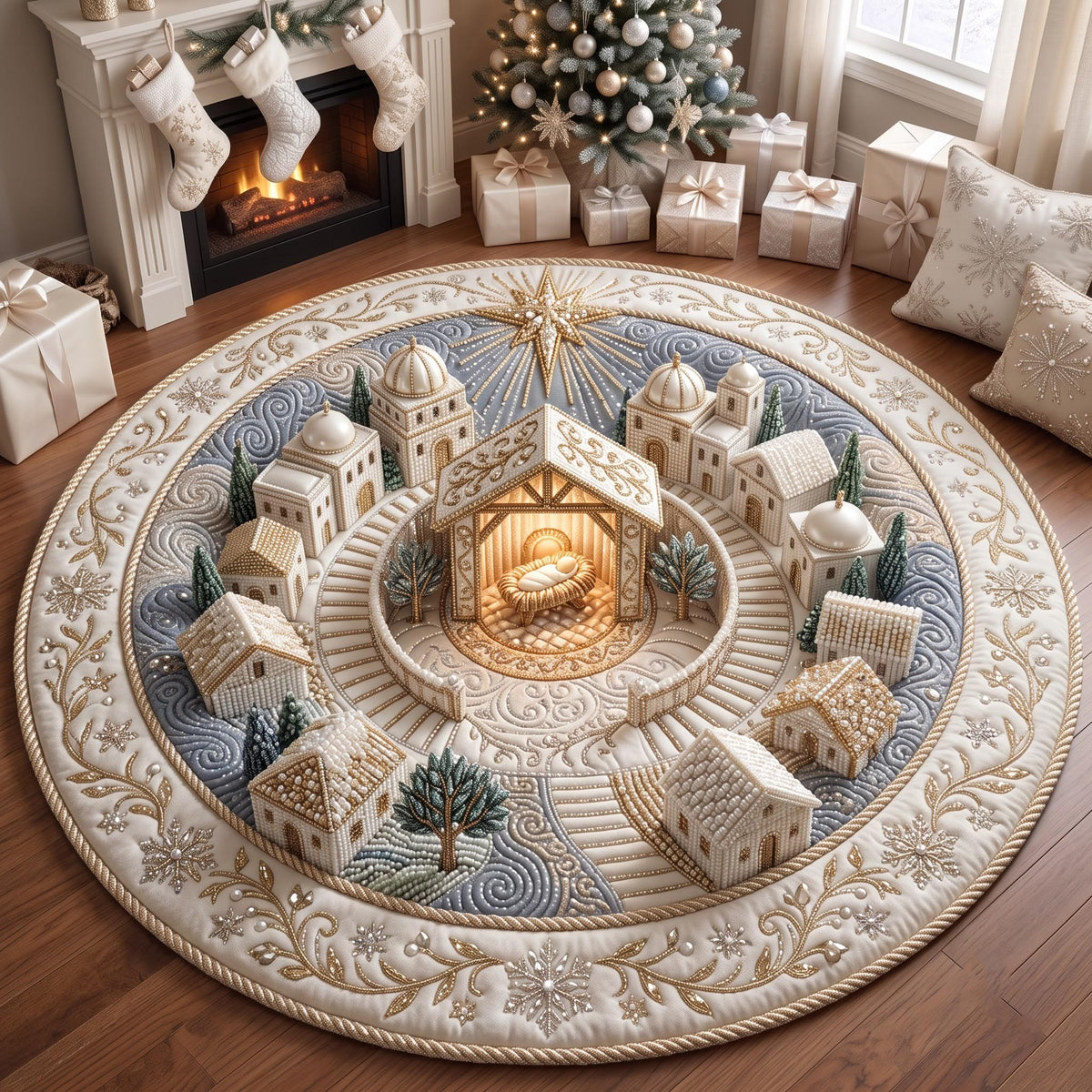 Ivory Nativity Round Mat Rug - Nature Design | Serene Home Decor - washable non-slip printed rug