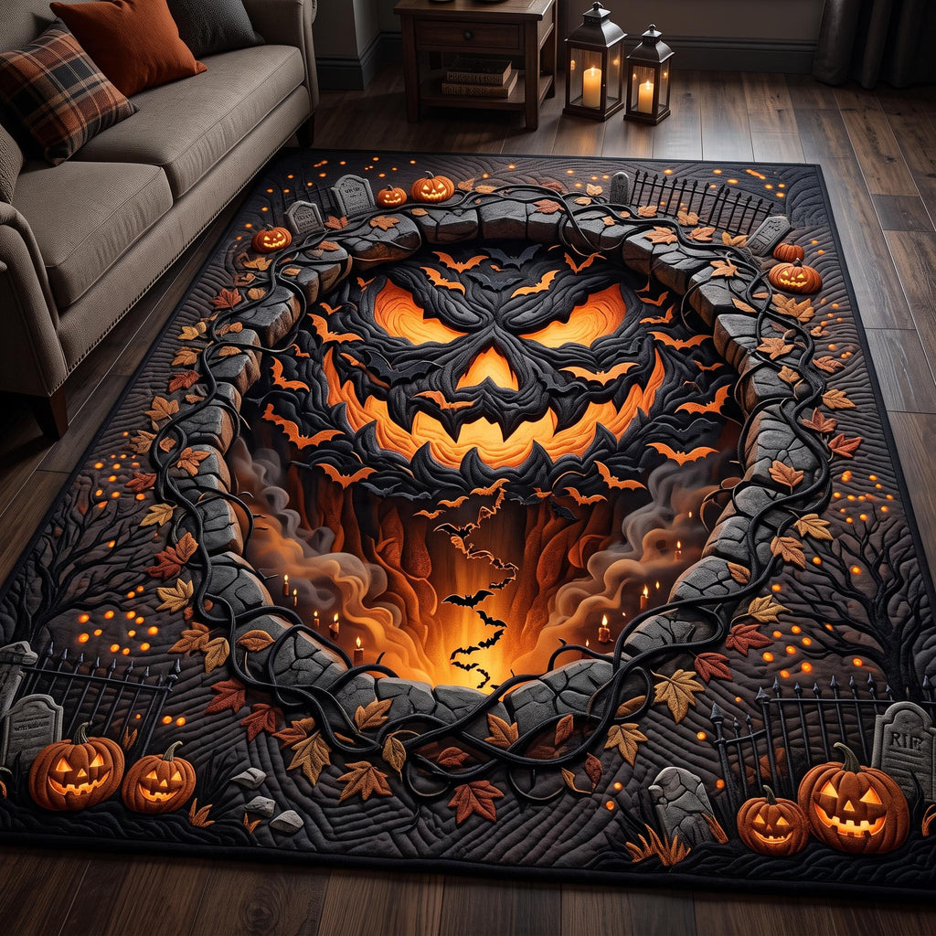 Jack O Lantern Pit area rug in a living room