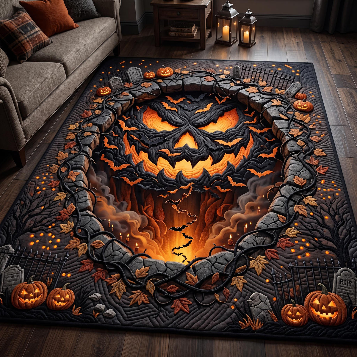 Jack O Lantern Pit area rug in a living room