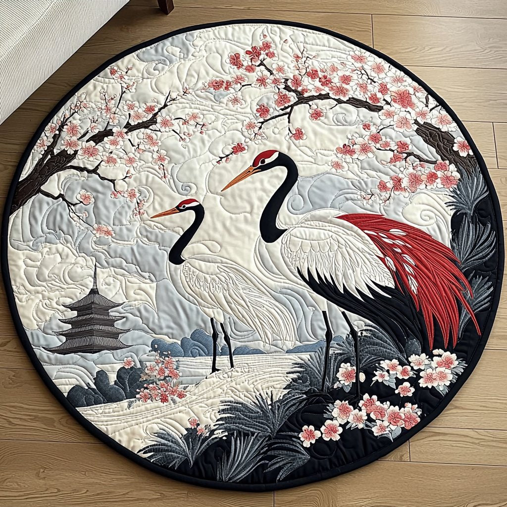 Japanese Crane Blossom Round Mat Rug - washable non-slip printed rug