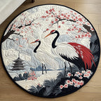 Japanese Crane Blossom Round Mat Rug - washable non-slip printed rug