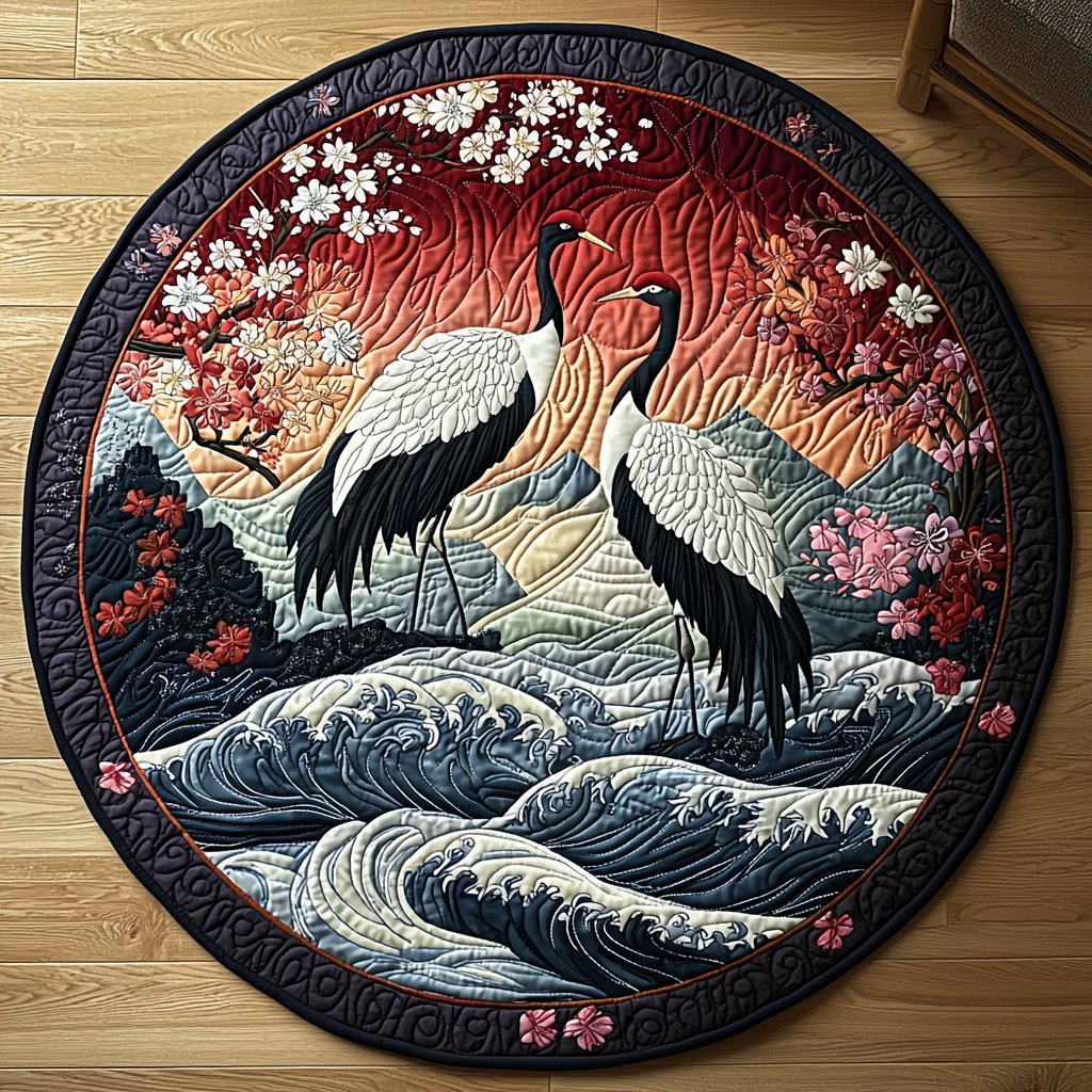 Japanese Crane Charm Round Mat Rug - washable non-slip printed rug