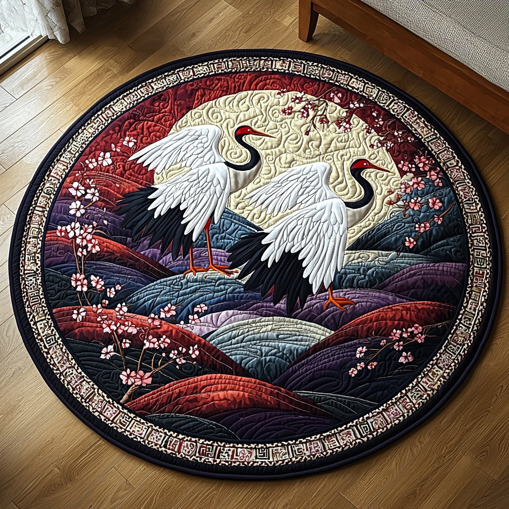 Japanese Crane Flying Round Mat Rug - washable non-slip printed rug