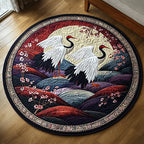 Japanese Crane Flying Round Mat Rug - washable non-slip printed rug