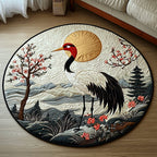 Japanese Crane Golden Sun Round Mat Rug - washable non-slip printed rug