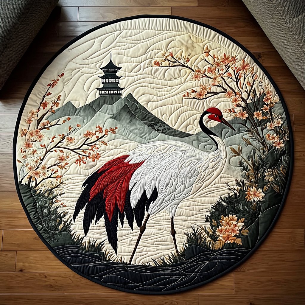 Japanese Crane Pagoda Round Mat Rug - washable non-slip printed rug