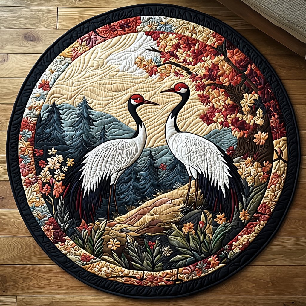 Japanese Crane Scenery Round Mat Rug - washable non-slip printed rug