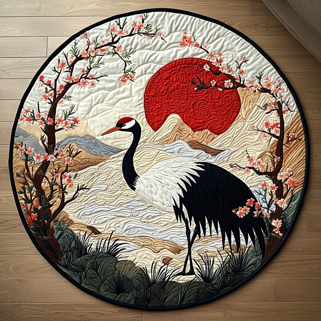 Japanese Crane Sunrise Round Mat Rug - washable non-slip printed rug