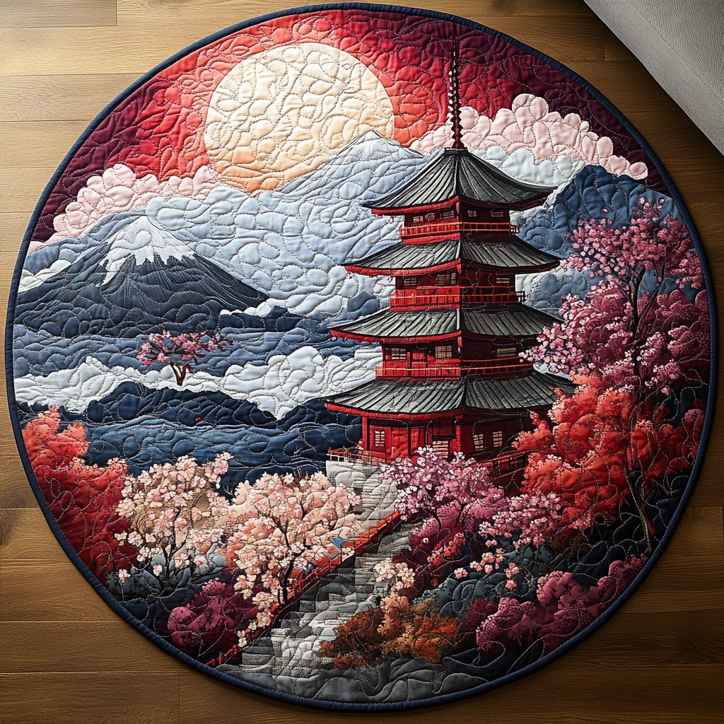 Japanese Pagoda Bloom Round Mat Rug - washable non-slip printed rug