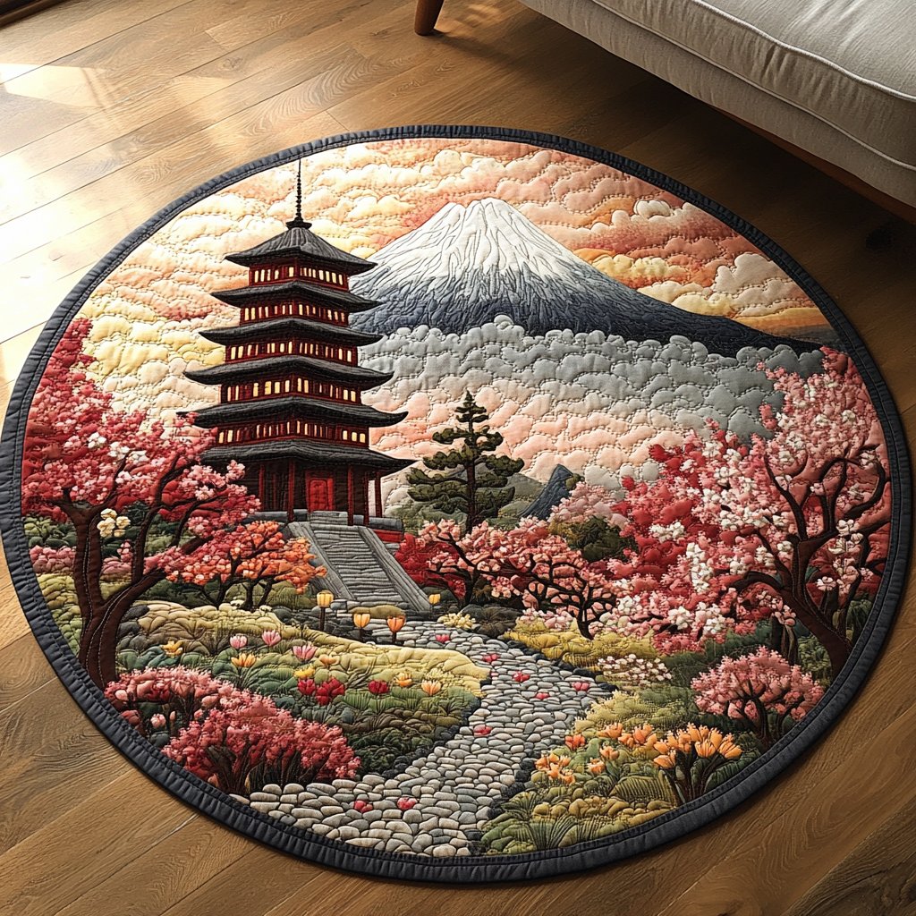 Japanese Pagoda Scene Round Mat Rug - washable non-slip printed rug