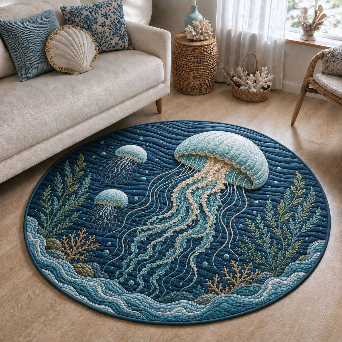 Jellyfish Ocean Round Mat Rug - washable non-slip printed rug