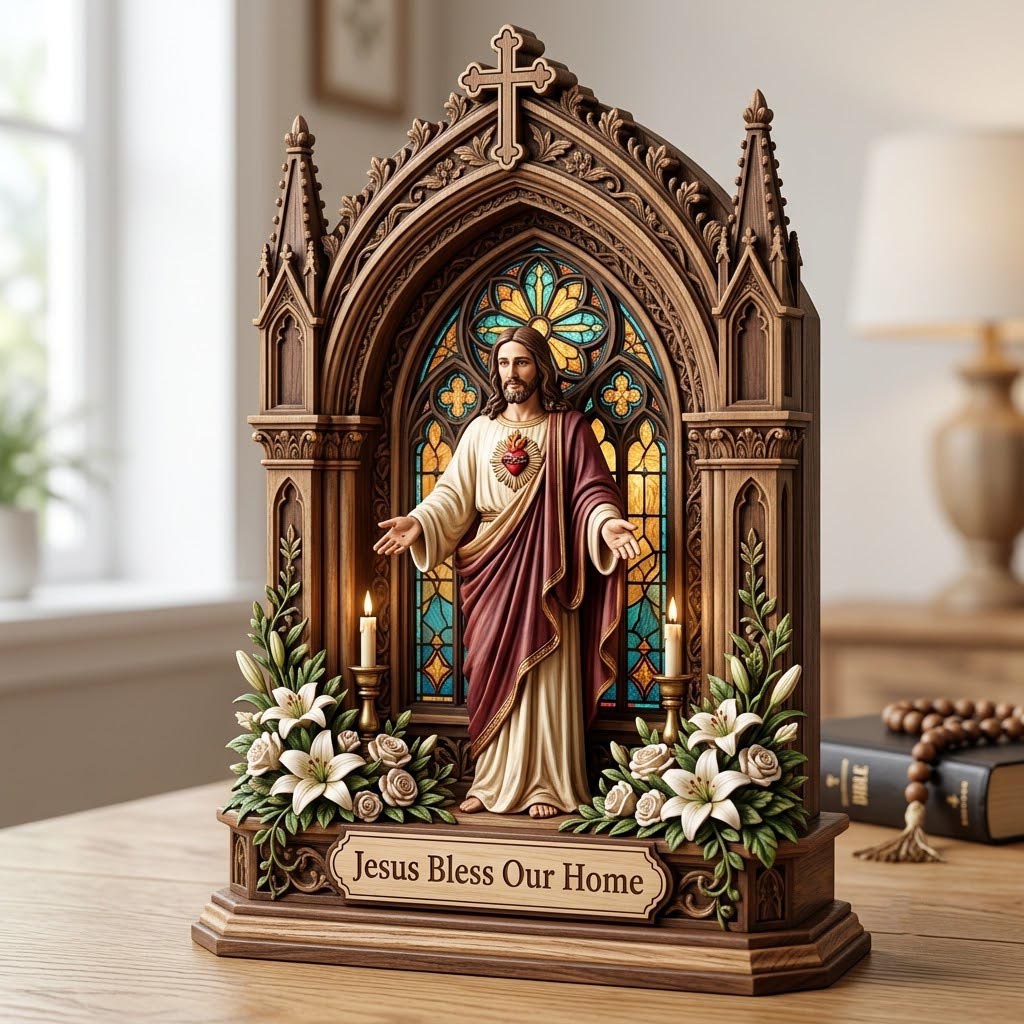 Jesus Bless Our Home wooden block, laser-cut 3-layer wood