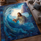 Jesus Hand Reaching area rug in a living room