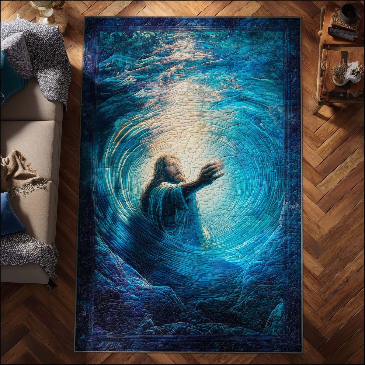 Jesus Hand Reaching area rug in a living room