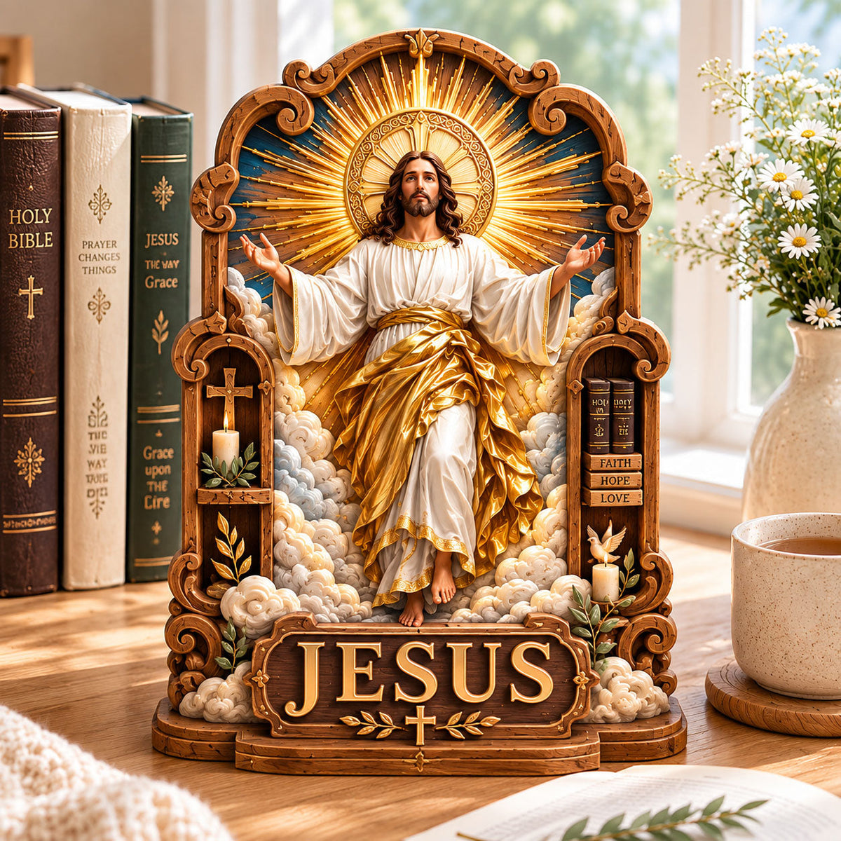 Jesus Heavenly Grace wooden block, laser-cut 3-layer wood