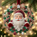 Jeweled Santa Holly Wreath Christmas Ornament