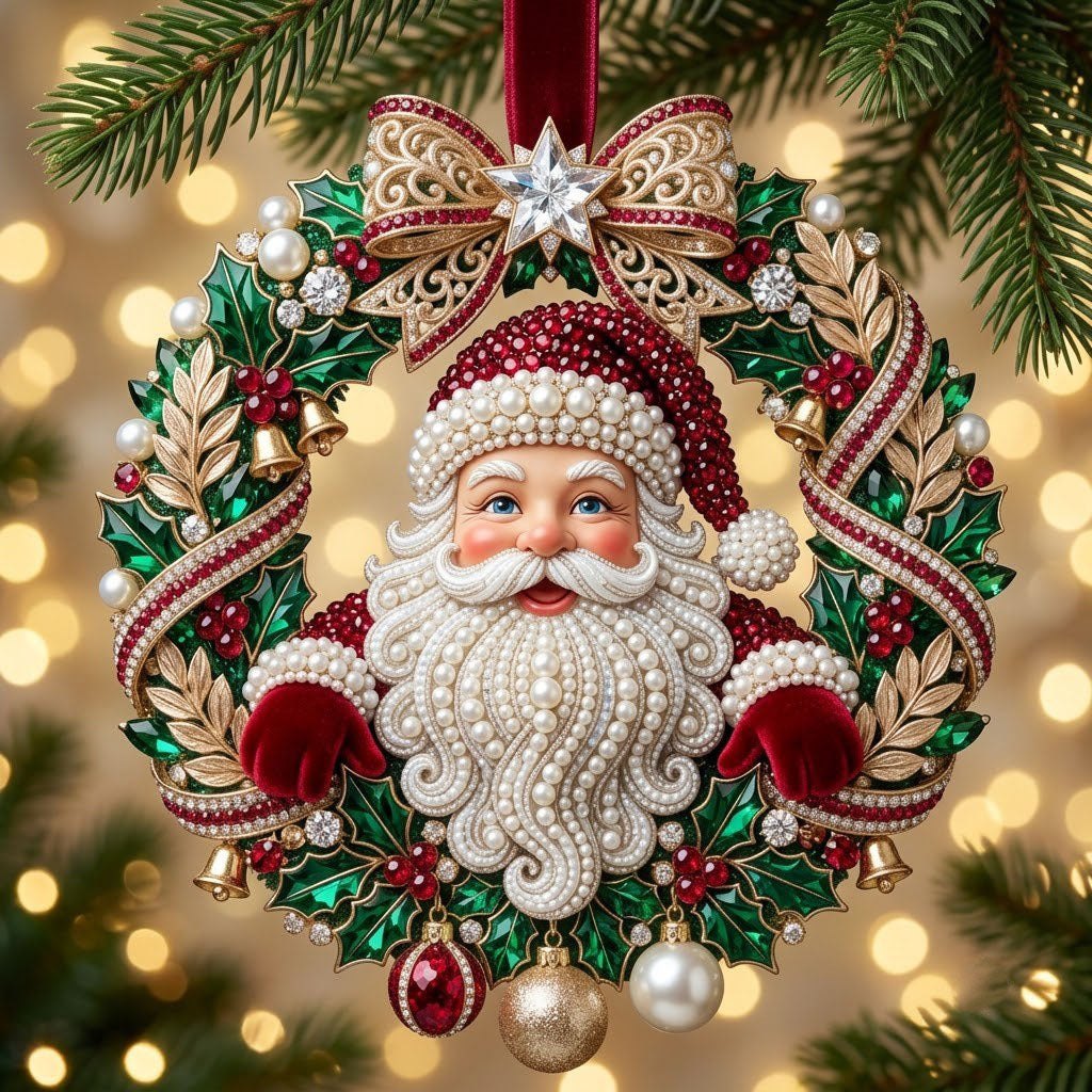 Jeweled Santa Holly Wreath Christmas Ornament